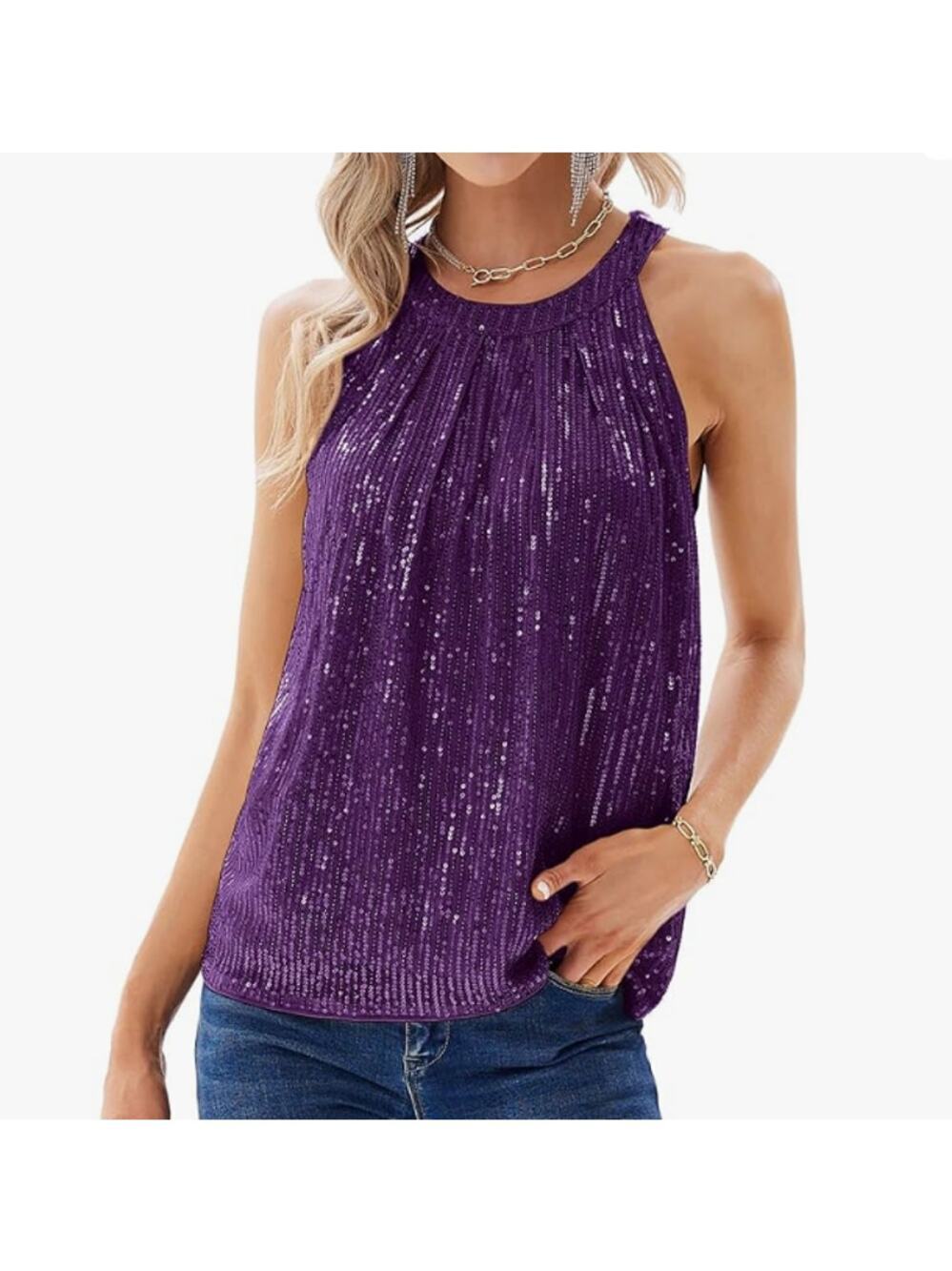 Grace Karin Sleeveless Sequin Halter Top Purple NWT Size S